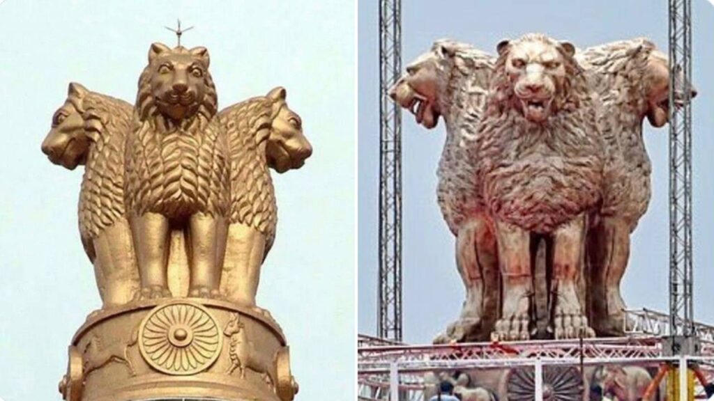 Prime Minister Narendra Modi on Monday unveiled the 6.5-metre-tall bronze National Emblem on the roof of the new Parliament building.