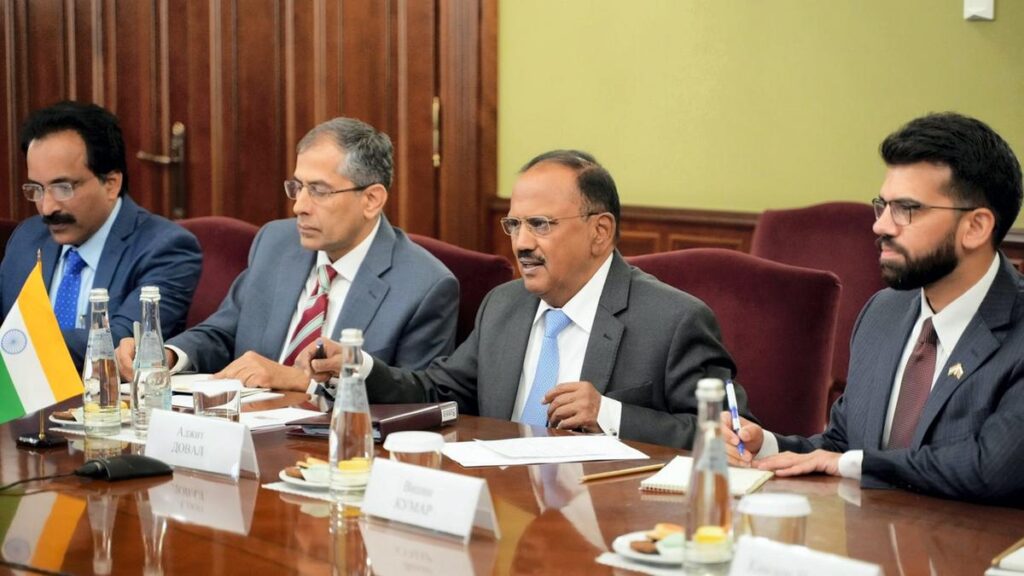 NSA Ajit Doval with Russia’s Deputy Prime Minister and Minister of Industry and Trade Denis Manturov during a meeting in Russia. | Photo Credit: Special Arrangement