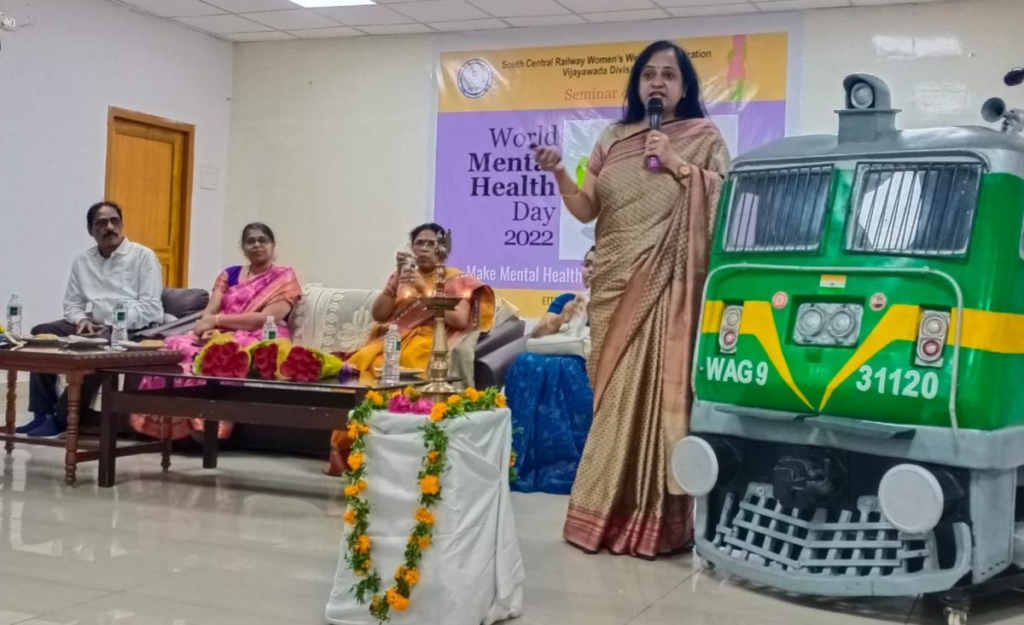 South Central Railway Womens Welfare Organisation president Dr. Jaya Mohan speaking at the mental health programme conducted for loco pilots in Vijayawada on Monday.
